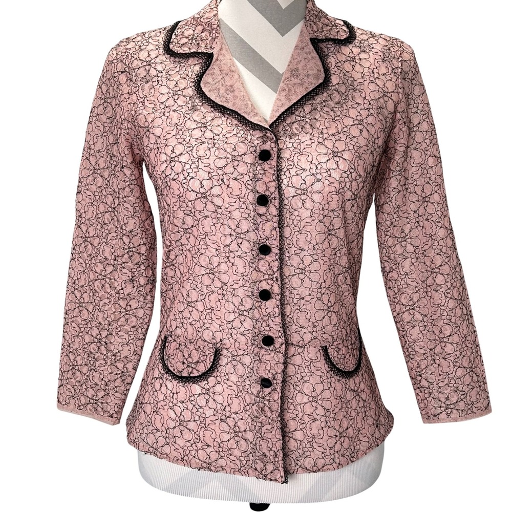 Only Hearts Helena Stuart Vtg Pink Black Floral Mesh Lace Blazer Womens Button